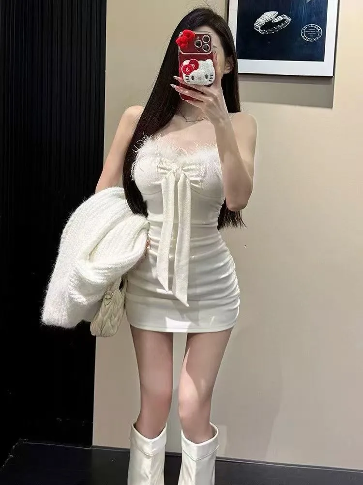 

Women's Fce Trim Splice Strap Dr Slimming Waist ort A-Line Skirt Sexy Sle No-Sve Midi Dr for Autumn Winter