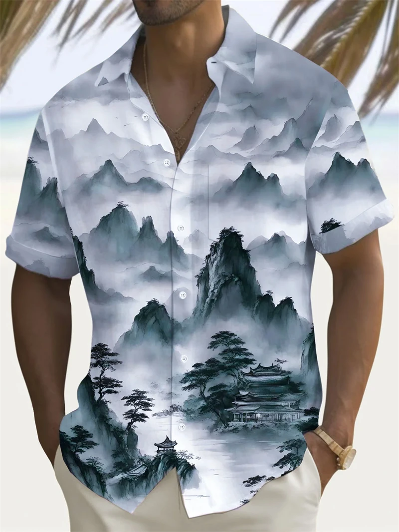 

Гавайские рубашки для мужчин Пляжные топы с короткими рукавами и пейзажным принтом Блузка Новая рубашка большого размера Мужская дизайнерская одежда Топы Y2k