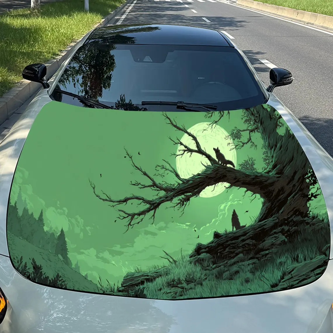 

Artistic Green Moonlit Wolf Auto Cover Sticker, Waterproof and Self-adhesive Auto Hood Decal, Auto Vinyl Wraps, Cool Car Exterio