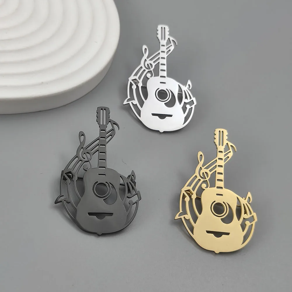 316L Stainless Steel 18K Gold Guitar Note Hollow Brooch Lapel Pin Musician Suit Backpack Unisex Metal Jewelry Gift
