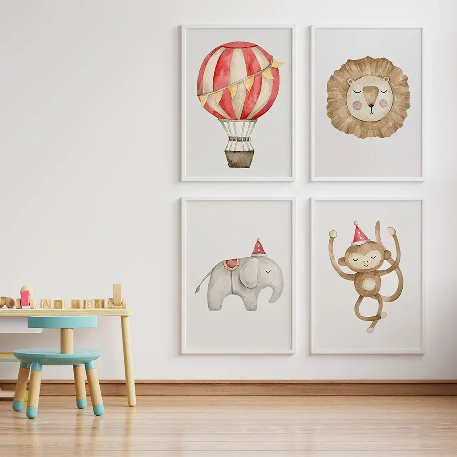 

circus Lion Elephant Monkey Trojan Horse Balloon Poster Print Canvas Painting Animals Nursery Wall Art Baby Kids Bedroom Decor