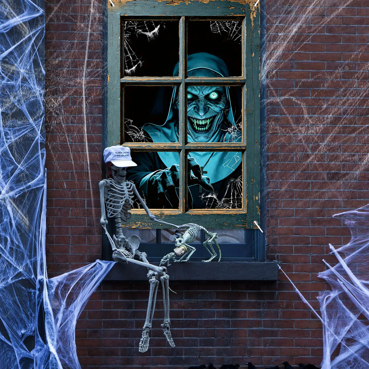 Vintage Halloween Horror Window Cover Silhouette Decoration Banners Blood Ghost Nun Devil Demon Scary Haunted House Window Poste – Detail 5