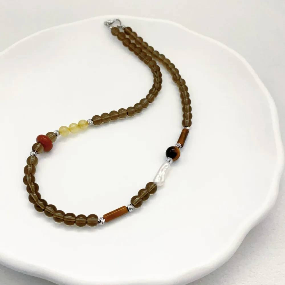 خريف شتاء موضة جديدة حجر الشعر الأصفر غير النظامية مثقف اللؤلؤ النمر حجر اليد مطرز شخصية قلادة متعددة الاستخدامات #2