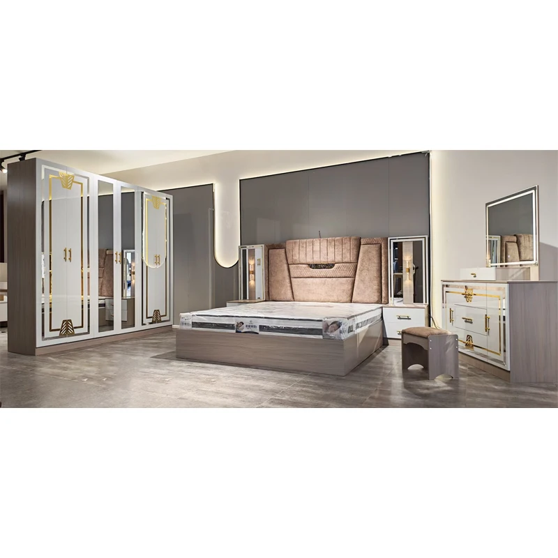 Turkish style full luxury king bedroom set adult room double bed wooden frame modern home