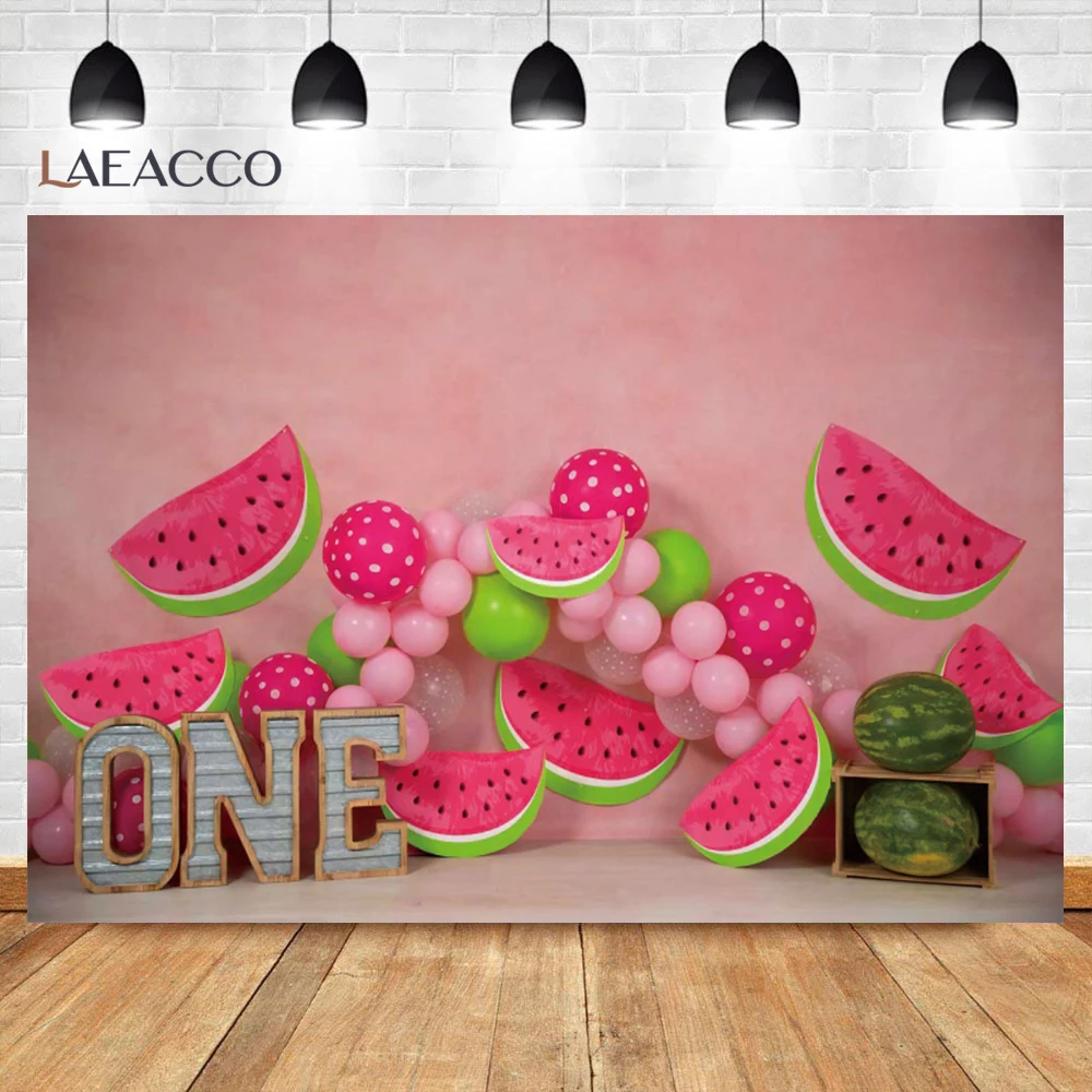 Laeacco Summer Watermelon Tropical Palms Tree Strawberry Lemon Theme Background Baby Birthday Portrait Photography Backdrop Prop