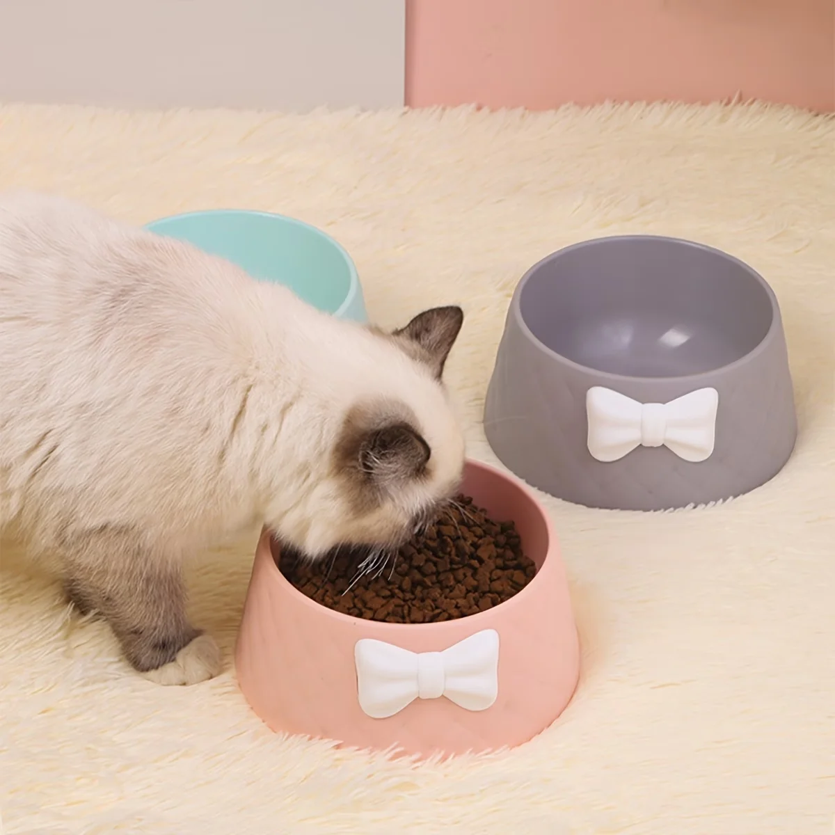 1pc Dog Bowl Macaron Pet Food Bowl Deepened Leak Proof Bow Diamond Pattern Dog Bowl Cat Bowl Pet Bowl
