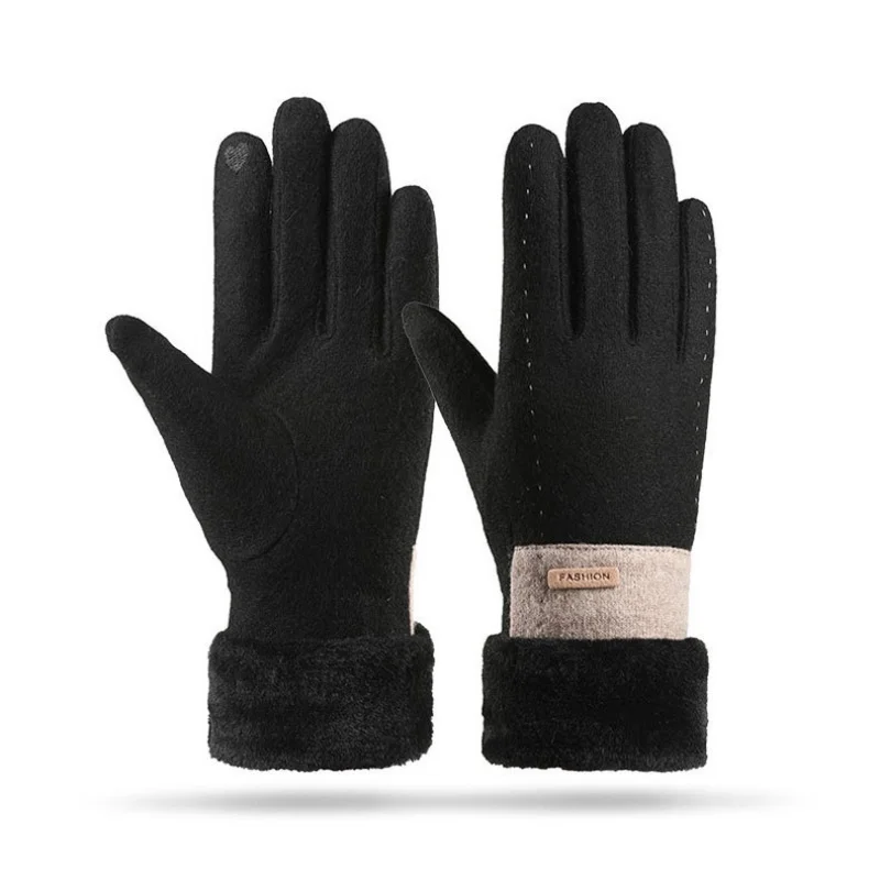 Gants en laine coupe-vent à écran tactile pour femmes, gants de conduite chauds, double optique, peluche, doigt complet, mode féminine, automne,