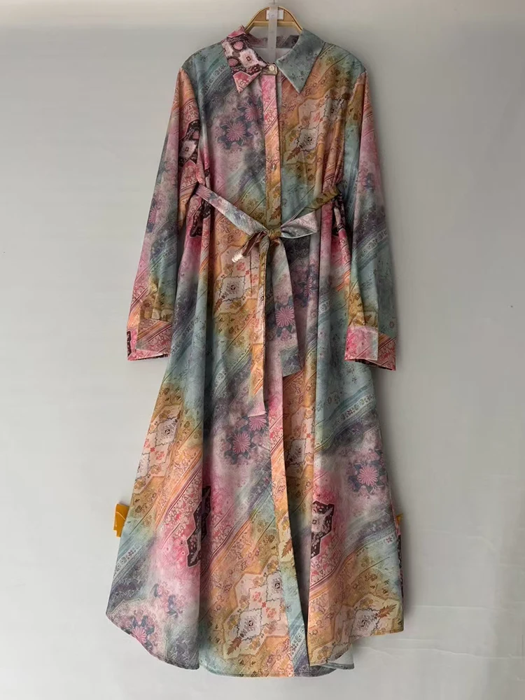 Retro geometric printed lapel single-breasted lace-up dress 2025 Spring women's shirt dress, fashionable loose puffy dress