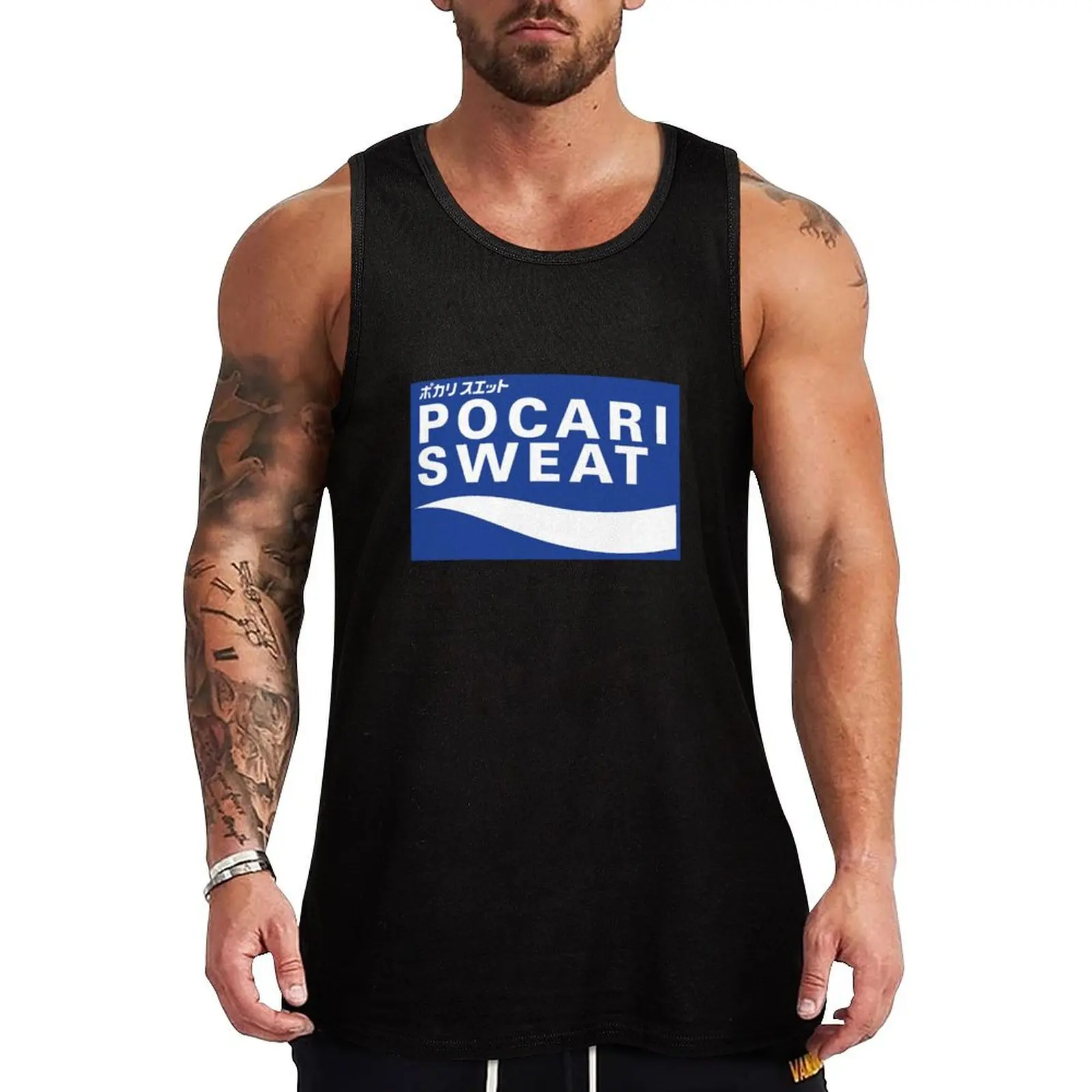 

POCARI SWEAT on blue background Tank Top Anti Shrink Tank Top Durable Casual Sleeveless Shirt