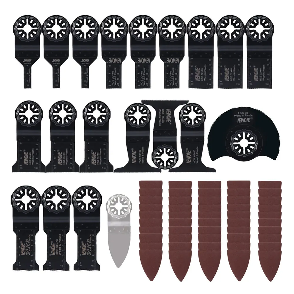 

NEWONE 70pcs HCS Oscillating Saw Blade Multitool Renovator Saw Blades with Finger Sand Paper for Wood/Plastic/Soft Metal Cut