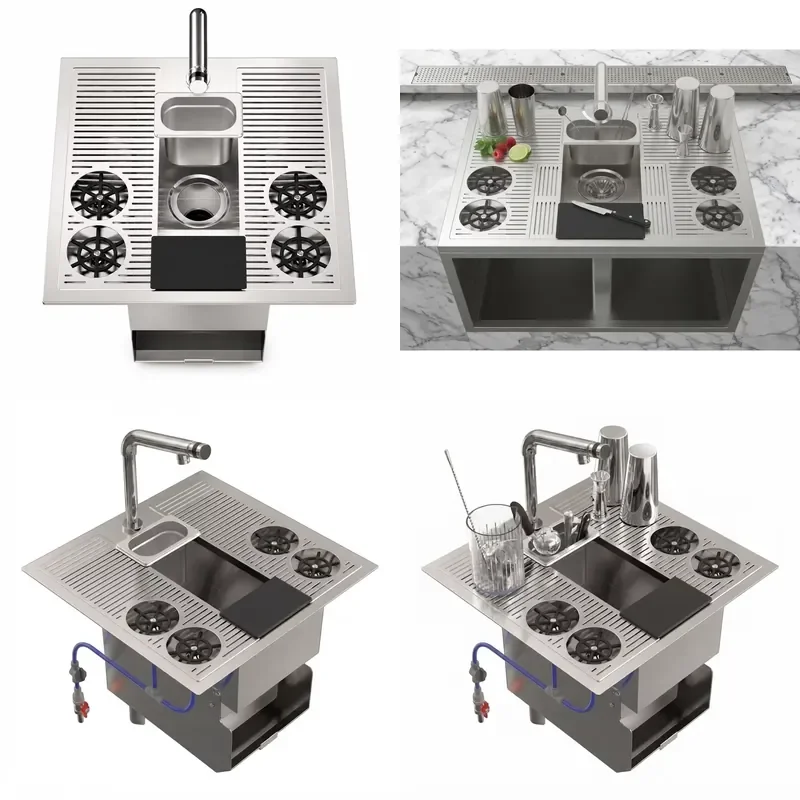2026 SS304 SS316 Modular Bar Sink Cocktail Prep Area Mesh Four Slots Washer Separate Trash Can Garbage Basket Drip Tray for