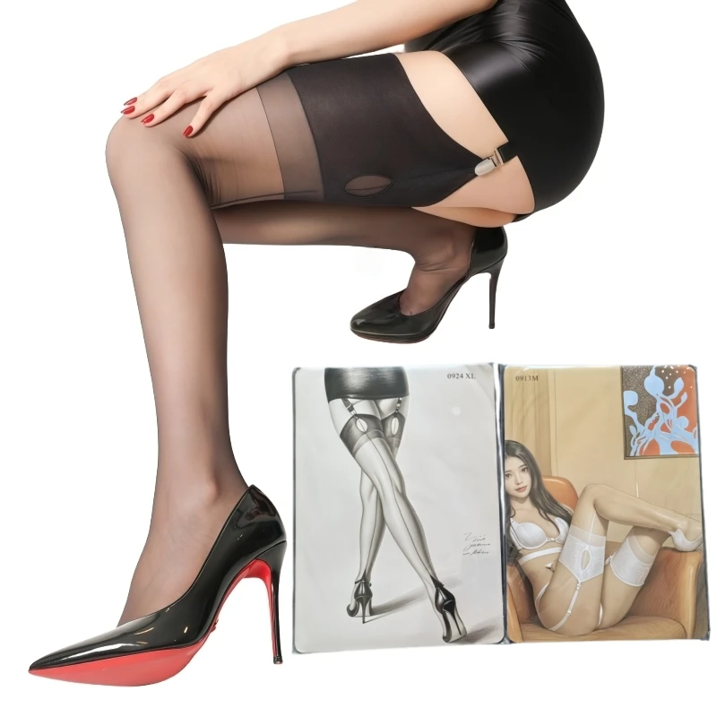

Plus Size 8D Ultrathin Foot Shaped Thigh High Stockings Women Sexy Eye Cut Cuban Heel Back Seam Medias With Retail Package