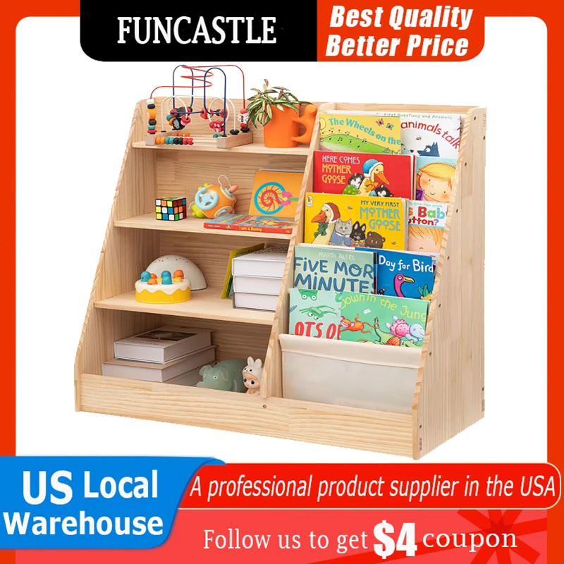 

4 Tier Wooden Bookshelf 6-Layer Sling Kids Bookcase Storage shelf Solid Wood Furniture for the Living Room Classroom Bookshelf