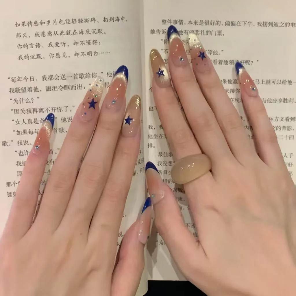 10pcs Handmade Long Oval Press On Nails Cat Eye Blue French Polka Dot Star Design Sweet Fake Nails Wearable Nails Art Tips Girls