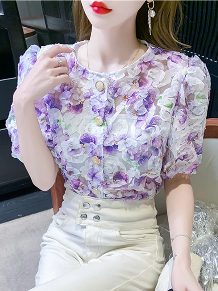 Fashion Short Sleeve Lace Shirt Women Skeleton Niche Design Bubble Sleeve Round Neck Summer Slim Women Tops