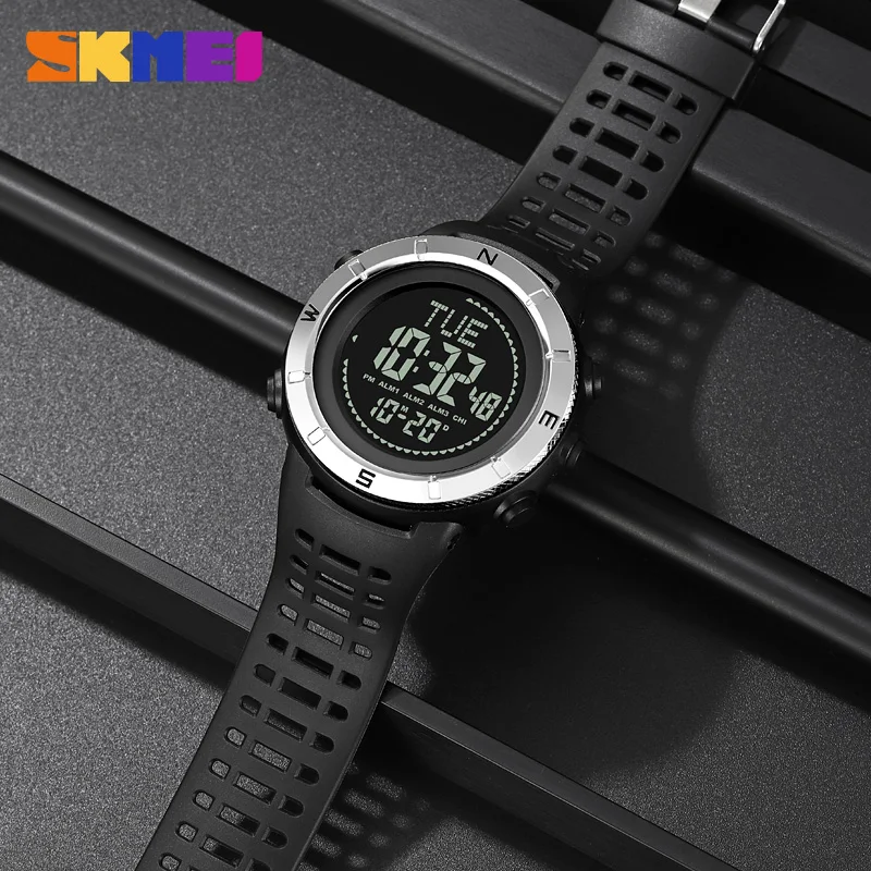 SKMEI นาฬิกาข้อมือดิจิตอลสำหรับผู้ชาย, นาฬิกาดิจิตอลกีฬาทหารนาฬิกาจับเวลามัลติฟังก์ชั่นมีเข็มทิศบอกวันที่กันน้ำมีไฟ LED
