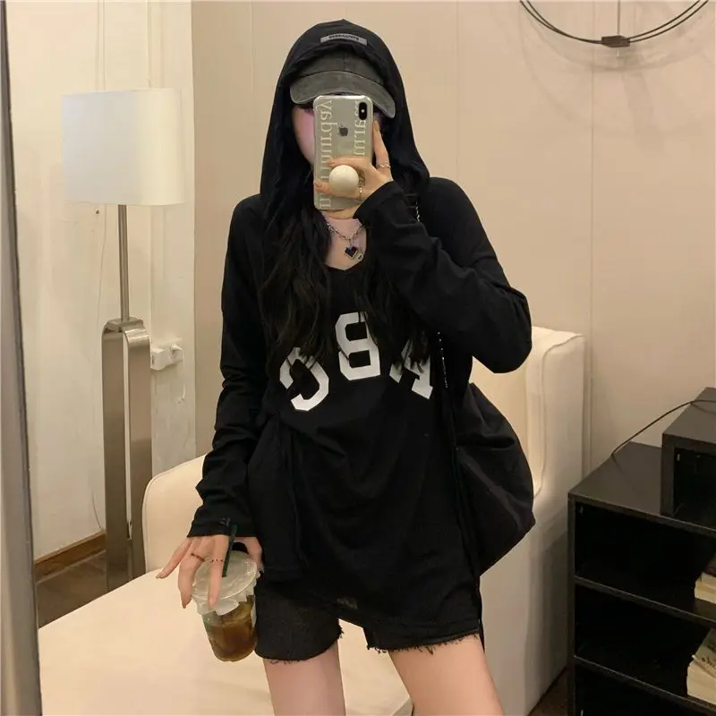 Hooded Thin Long Sleeve Tops Tees Summer New Printing Letter Solid Color Loose Trend Casual T Shirts Fashion Sweet Women Clothes