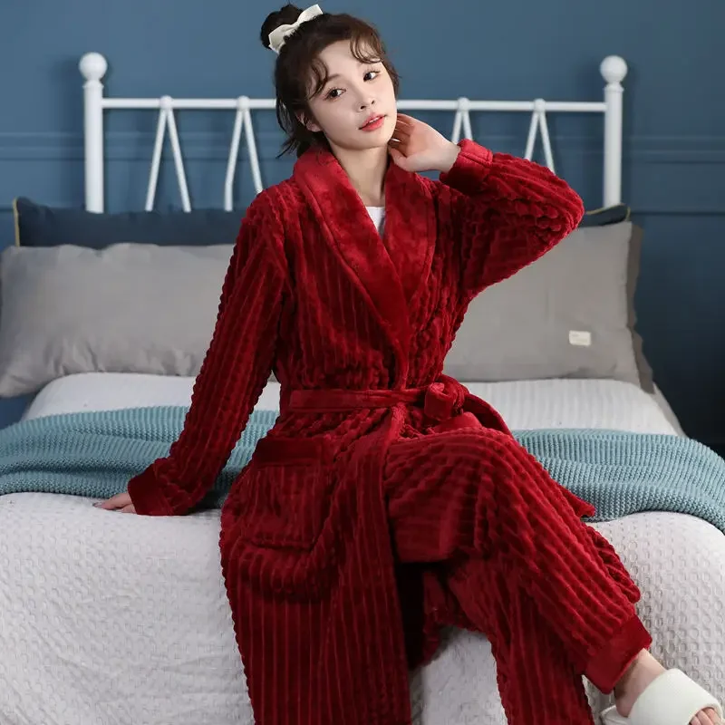 Long Style Sex Appeal Bathrobe Pajamas Warm Set Coral Fleece Loungewear Solid Color Night Gown Female Autumn and Winter Flannel