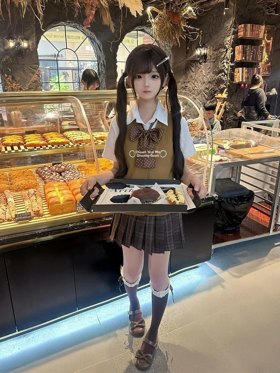 Uniforme Escolar Japonés Original JK, Chaleco de Punto, Camisa de Capa Superior, Falda Tipo Croissant Color Caramelo, Conjunto de Tela de Poliéster Transpirable