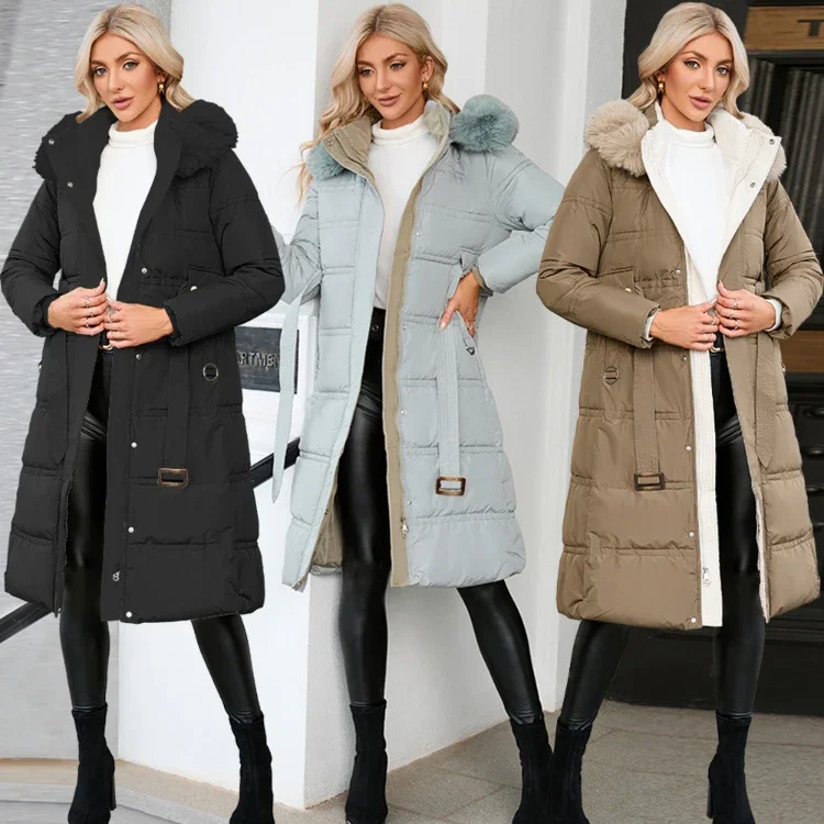 2023 Winter Warm Coat Hooded Large Collar Jacket Waist Down Cotton Coat Mid-length Cotton Padded Clothes For Women