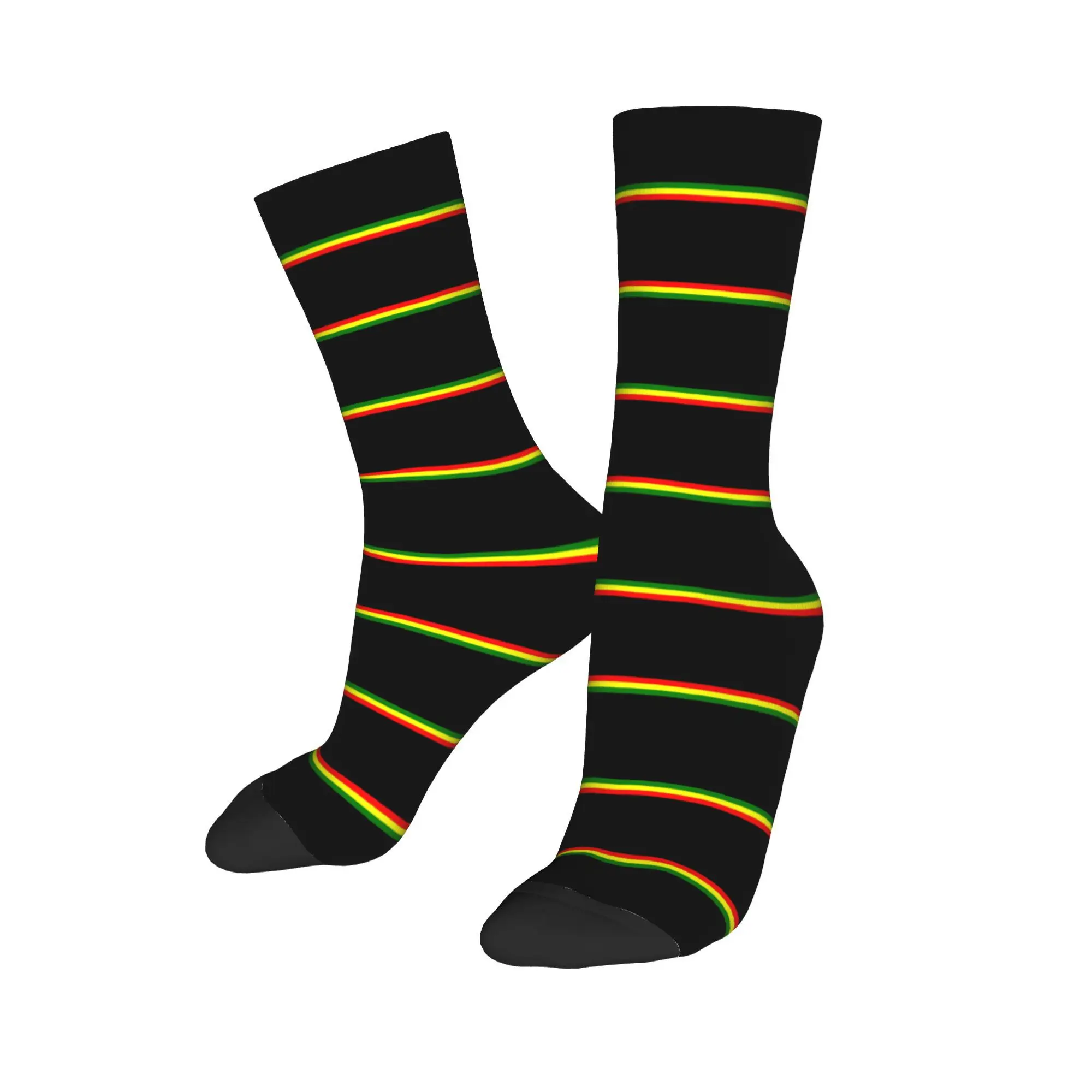 

Custom Novelty Printing Reggae Rasta Stripe Colors Pattern Socks Stretch Summer Autumn Winter Jamaican Jamaica Proud Crew Socks