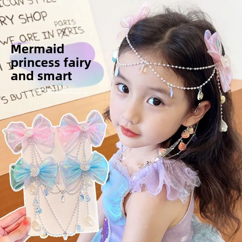 Children's Bow Forehead Chain Forehead Decoration Mermaid Pearl Tassel Hairpin Girl Mermaid Ear Hanging Girl Headdress