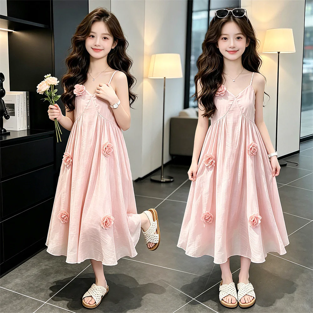 Elegant Children Sleeveless Spaghetti Strap Dresses for Girl Summer Vacation Clothing Beach Dress Kids Flower Slip Dress Pajamas