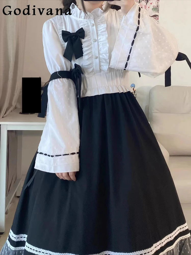 

Лолита, черно-белое контрастное цветное милое платье с длинными рукавами на весну и лето, платья трапециевидной формы с воротником Питера Пэна и высокой талией