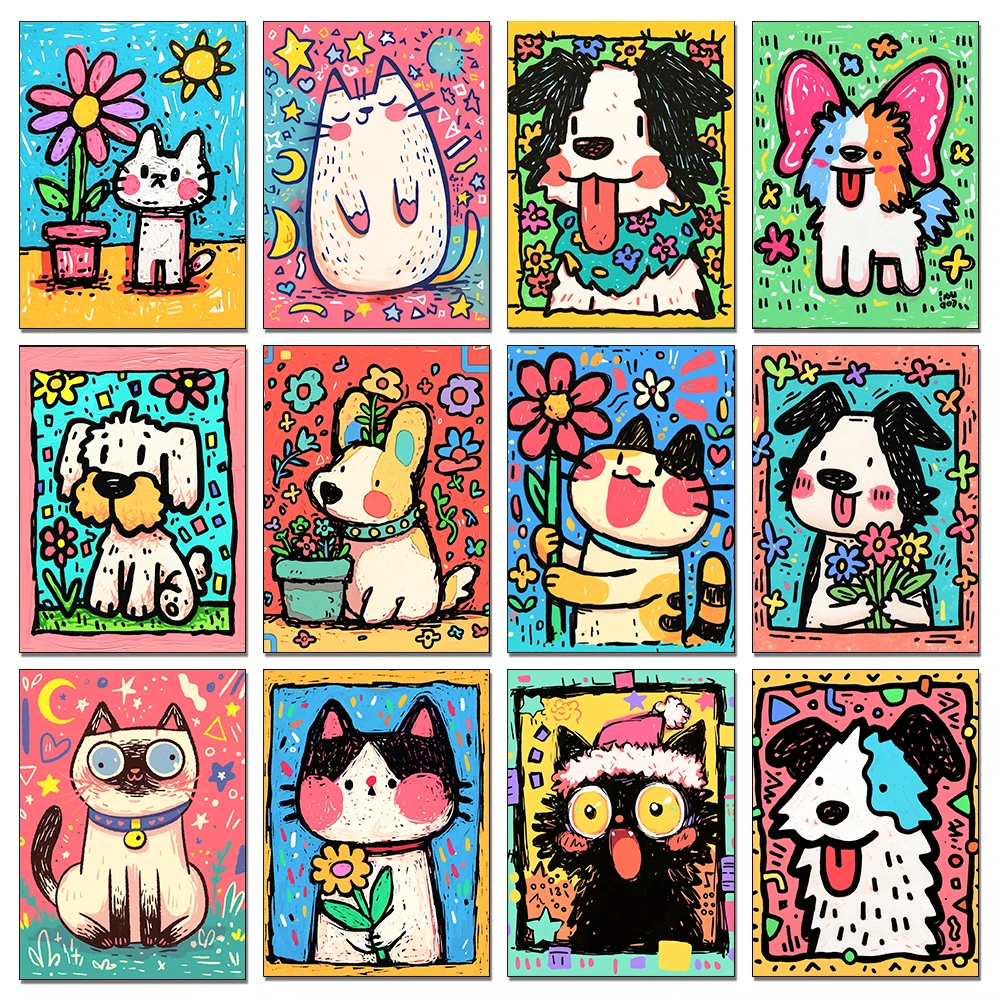 Cartoon Animals Diamond Painting DIY Cats and Dogs Pictures Full Square Round Diamond Mosaic Embroidery Wall Decor Unique Gift