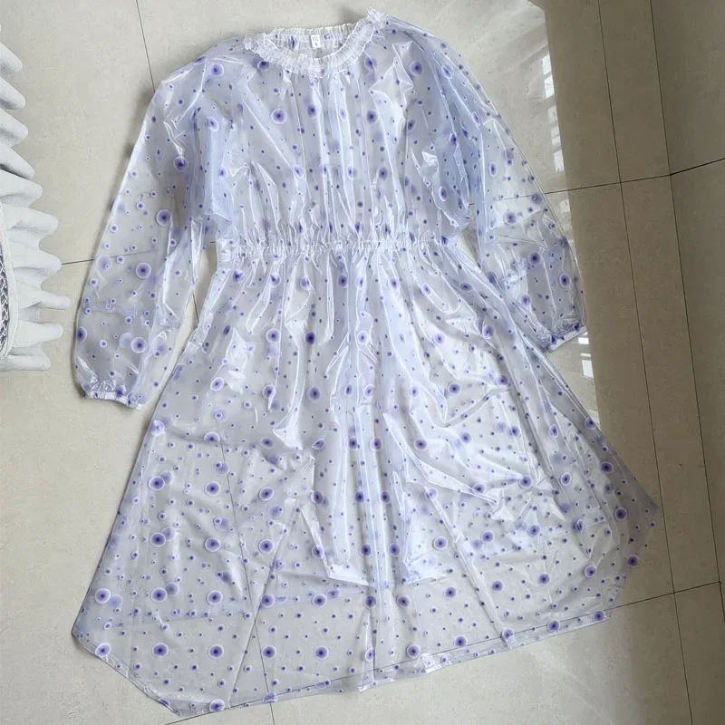 

2025 New PVC Transparent Sexy Big Polka Dot Long Sleeved Lace Round Neck Dress Waterproof Loose Plastic Long Skirt