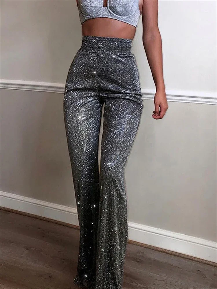 TARUXY Sliver Glitter High Waist Pants Women Casual Straight Leg Party Night Clubwear Trousers Ladies Fashion Sparkly Bottom