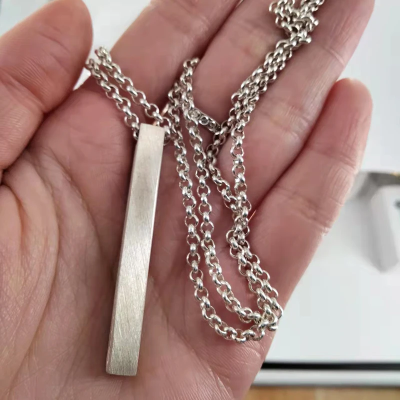 Engrave 3D Vertical Bar pendent with 3mm Pearl Chain Custom 3D Bar Personalized necklace Memorial Men 925 Jewelry Wholesale