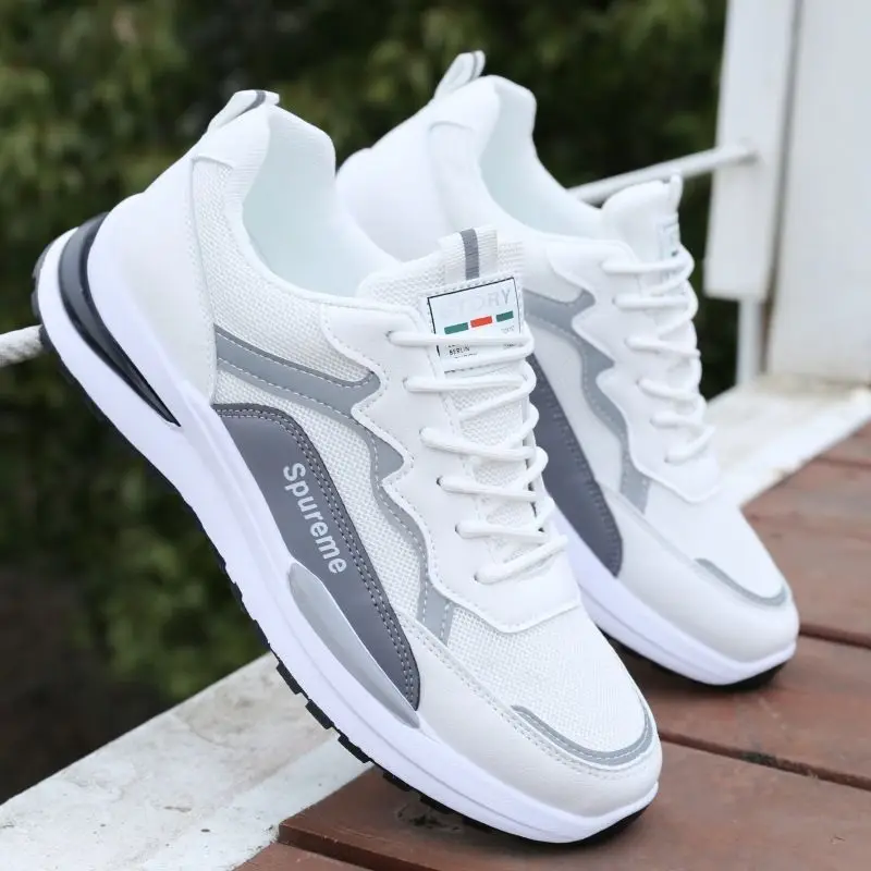 Men's Breathable Running Shoes Spring 2024 New Model Mesh Upper Heightening Sports Casual Student White Dad Trendy Shoes