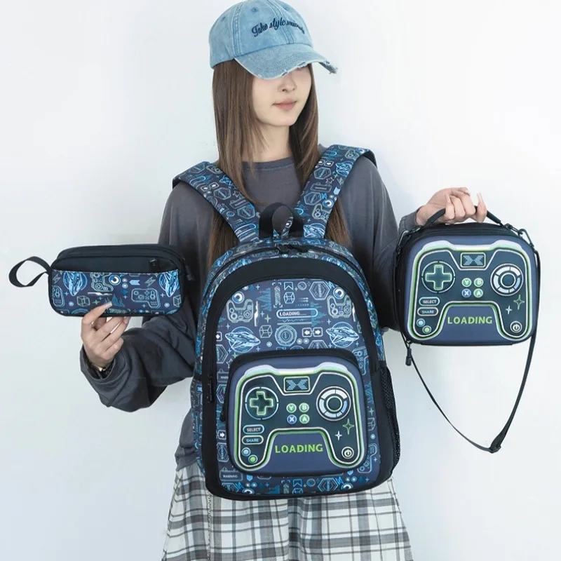 3個セット-多ポケット-大容量-軽量-ポータブル-スクールバッグ-ランチバッグ-ペンケース付き