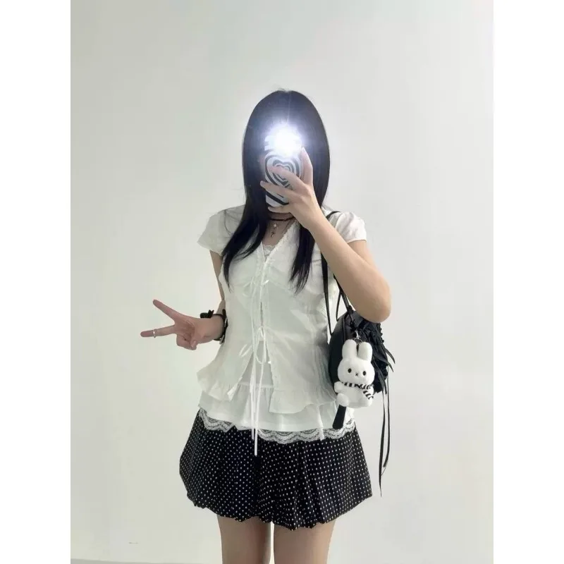 

Kimotimo White V Neck Lace Up Short Sleeve Shirt Women Korean Style Texture Slim Fit Versatile Crop Top Sweet Y2k Chic Blouse