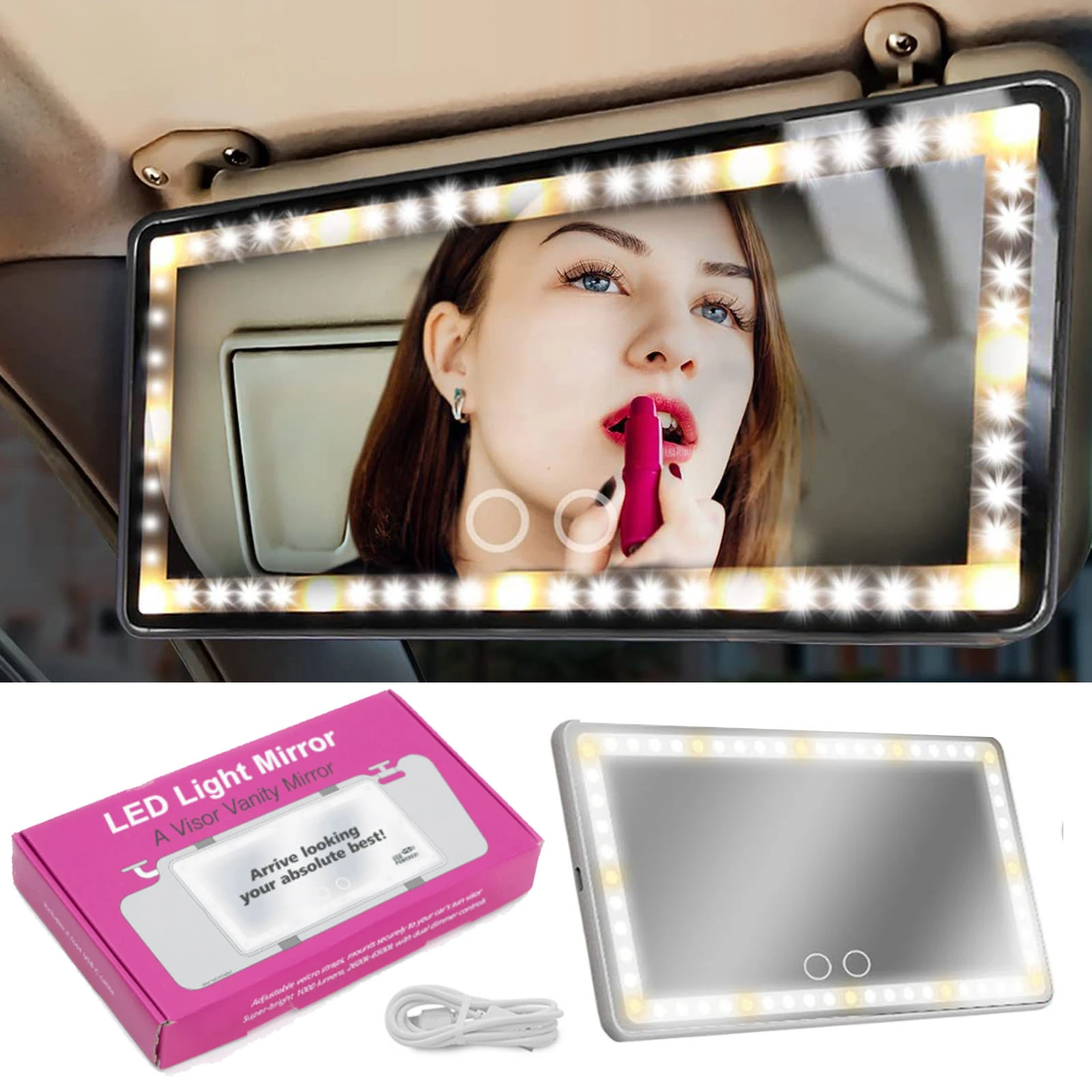 Women Beauty Makeup Mirrors With LED Auto Light Rechargeable Car Cosmetic Mirror With TouchScreen For Car Interior Universal