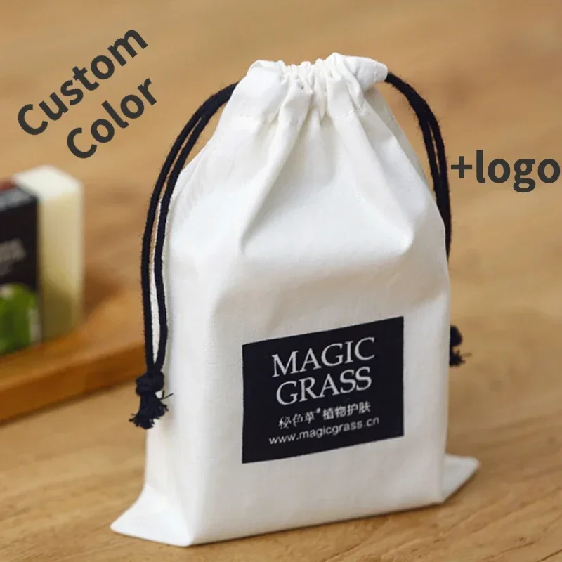 White Cotton Gift Drawstring Bag Jewelry/Makeup/Gift/Wedding/Party/Storage Pouches Sachet Cloth Pocket Reusable Logo Print 50pcs