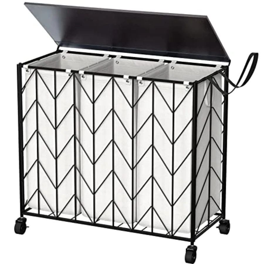

Large Capacity Laundry Basket with Wheels 142L 3-Section Design with Lid and Removable Bags Durable Iron-Made Laundry Hamper Or
