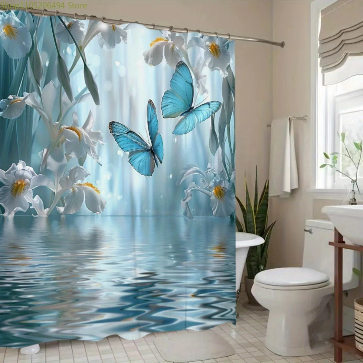 

Open 1pc Blue Butterfly and White Floral Polyester Shower Curtain Home Decor Printed Curtain No-Hole Bathroom Divider