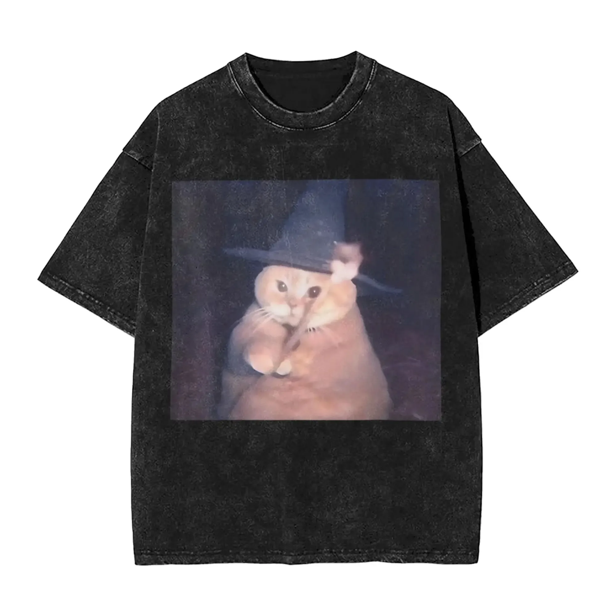 Vintage Washed Wizard Cat Meme T-Shirt Lustiges Retro-Grafik-T-Shirt Übergroßes Streetwear Harajuku Y2K Top für Männer Frauen Sommer T-Shirt – Detail 5