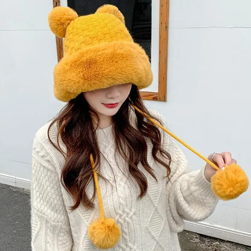 قبعة صوفية دافئة حلوة من القطيفة على شكل كرة دلو قبعة متماسكة قبعة دافئة للأذنين في خريف وشتاء