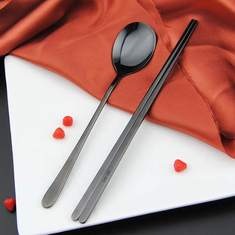 4 Sets Cutlery Chinese Chopsticks Dinner Spoons Stainless Steel Korean Metal Silverware Utensils