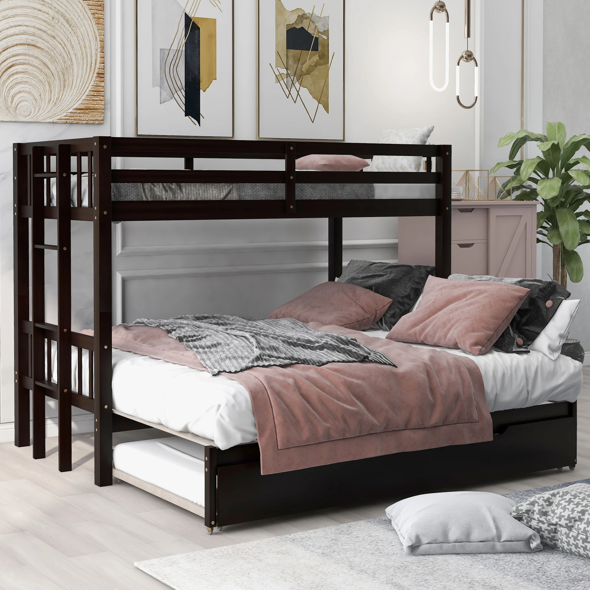 Twin over Full Metal Bunk Bed with Trundle, Noise-Free Wood Slats, Textilene Guardrail 78.11x56.38x62.99 in.