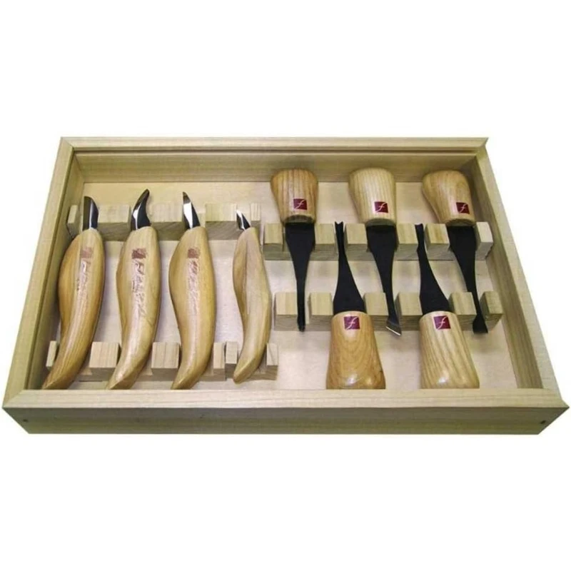 Wood Carving Tools Deluxe Palm & Knife Set KN700  Knives Feature Ash Hardwood Handles and 1095 High Carbon Steel Blades