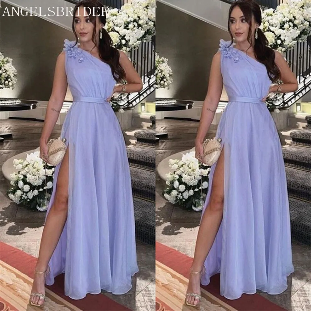 

Angelsbridep A-Line Long Chiffon One Shoulder Woman Bridesmaid Dresses Side Split Cheap Maid of Honor Gowns For Wedding Party