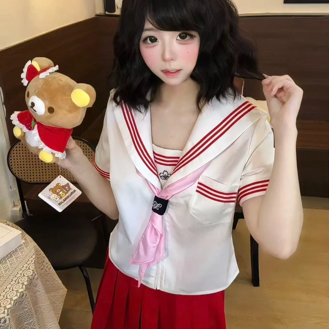 2026 Red JK Uniform Short-Sleeve Basic Sailor Suit Pleated Skirt Plus Size School Uniform Summer
