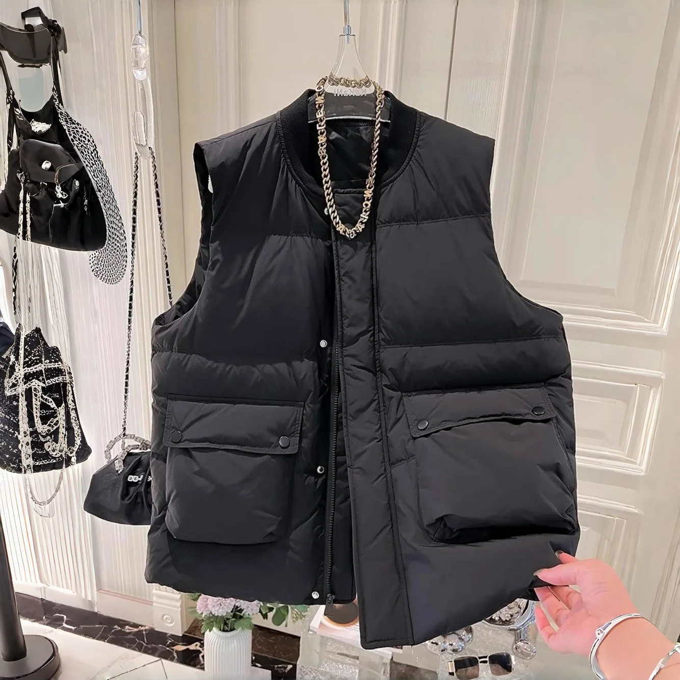 سترات قطنية بدون أكمام معطف نسائي للخريف والشتاء بياقة دائرية وجيوب واحدة صدرية سترات خارجية دافئة