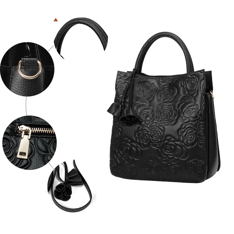 New floral embossed women\'s handbag with large capacity solid color bucket bag made of high-quality cowhide