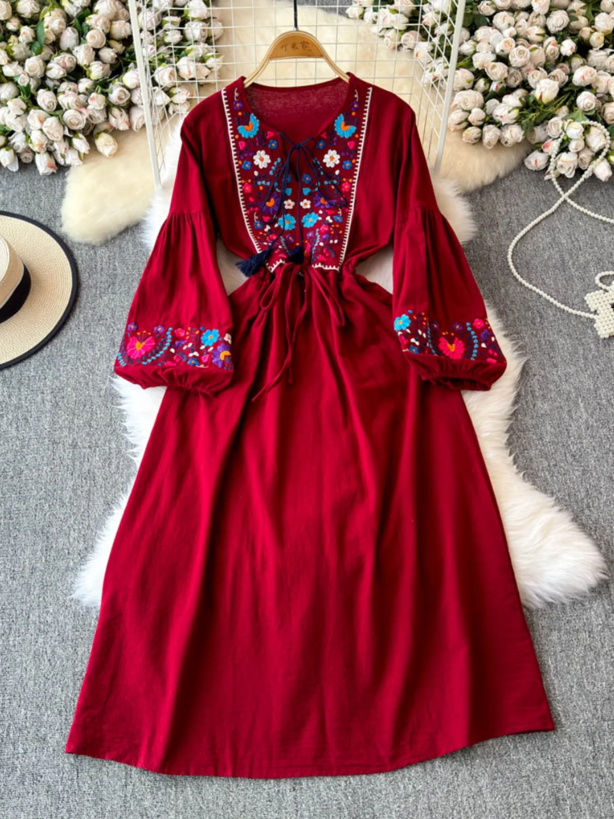 女性スリムロングドレス刺繍レースアップウエストボヘミアンエスニック海辺休暇ビーチボヘミアンホリデー