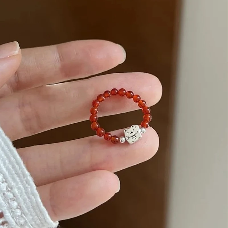 

925 Sterling Silver Geometric Chic Red Round Bead Elastic Lucky Cat Ring for Women Fine Jewelry Minimalist Accessories